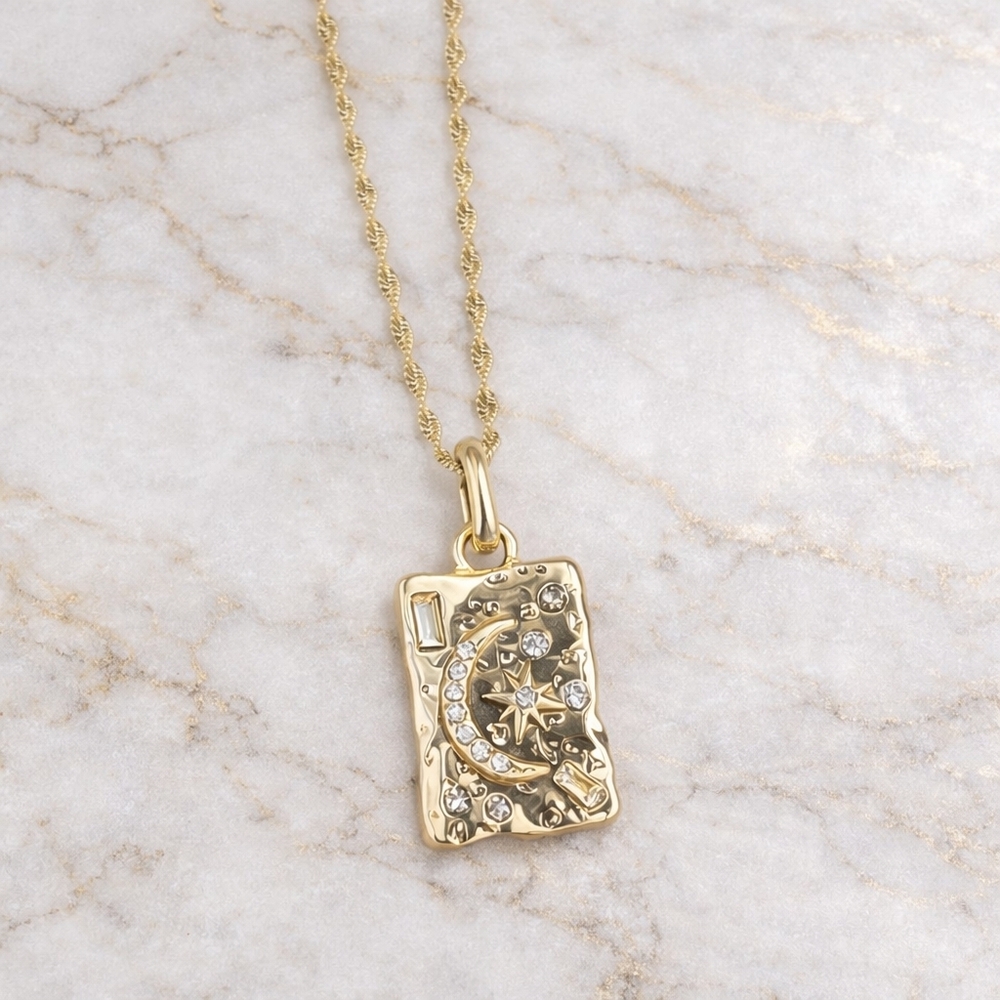 Moon & Starburst Celestial Necklace 18K Gold Plated Rope Chain - Picture 2 of 7